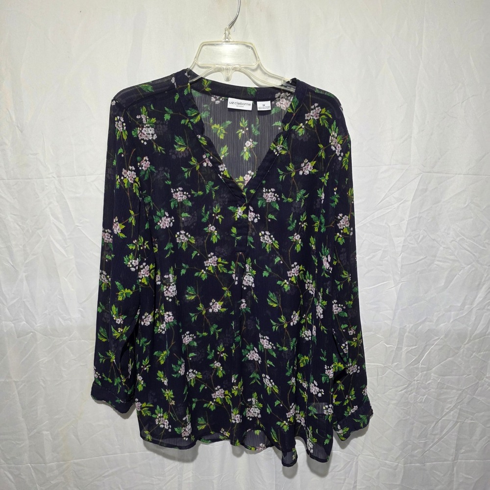 Liz Claiborne Woman Floral Chiffon Blouse Navy Blue Pink 1X Plus Size Split Neck